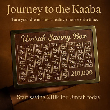 Umrah saving box with 210000 rupees goal marked for Makkah Madinah pilgrimage Pakistan