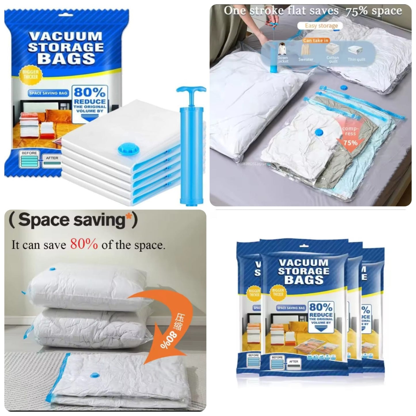 Vacuum Bag 5pcs Set with Hand Pump – Space Saver Vacuum Storage Bags for Clothes & Bedding