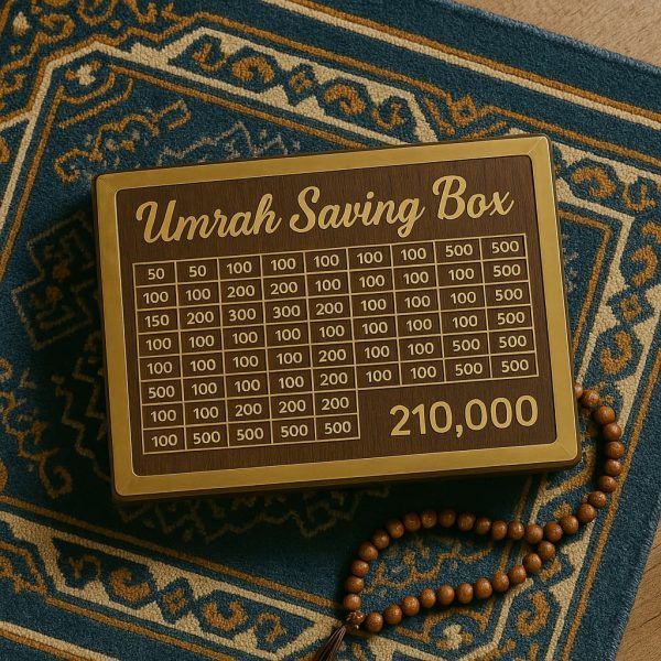 10000 Umrah saving box showing progress tracker for pilgrimage expenses Pakistan