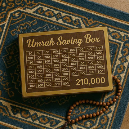 10000 Umrah saving box showing progress tracker for pilgrimage expenses Pakistan
