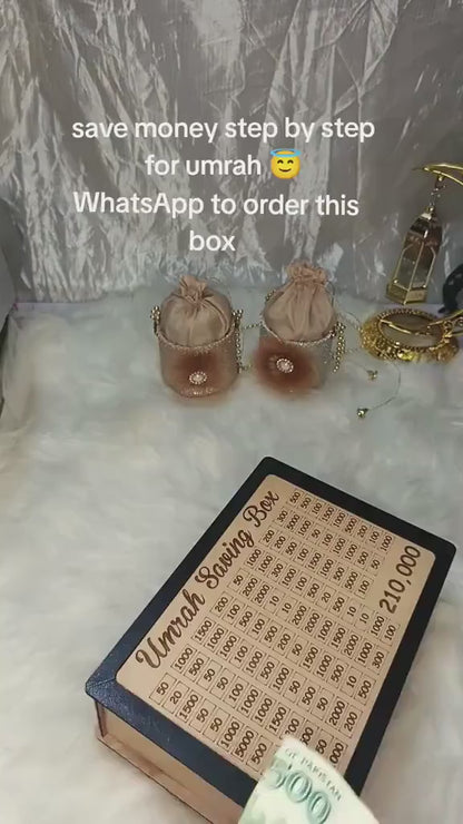 Islamic themed Umrah savings container with secure lock for holy journey fund Pakistan