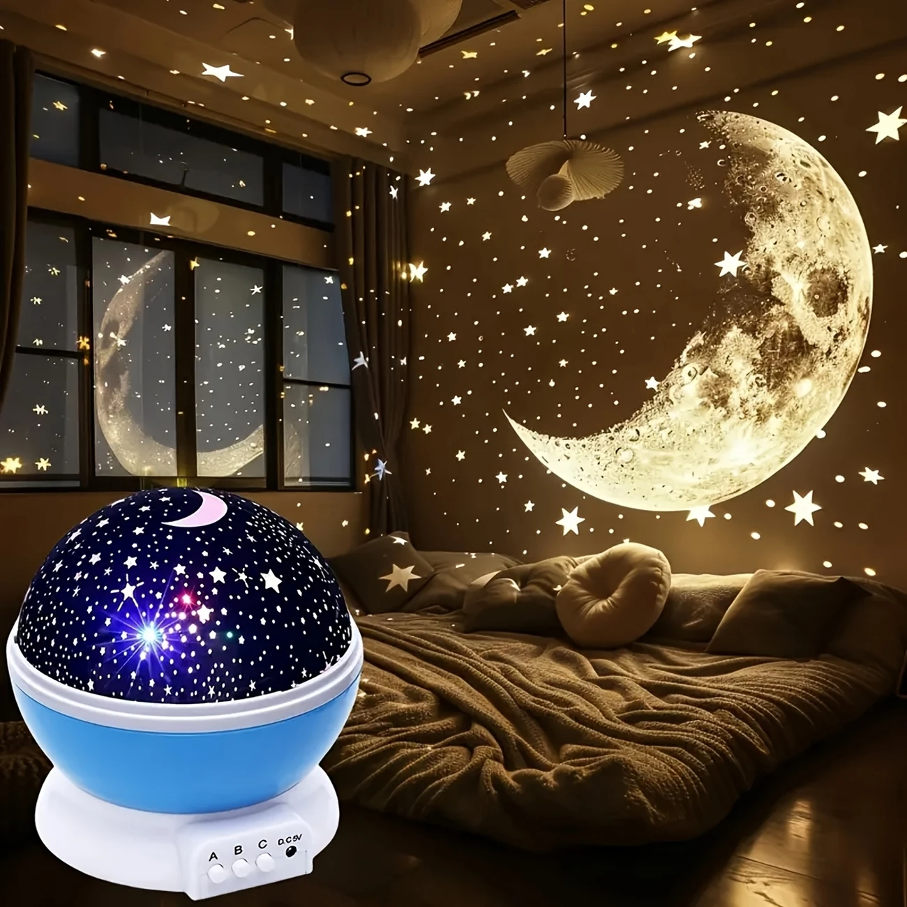 3D Rotating Star and Moon Projector Night Light, USB Powered Sky and Moon Lamp