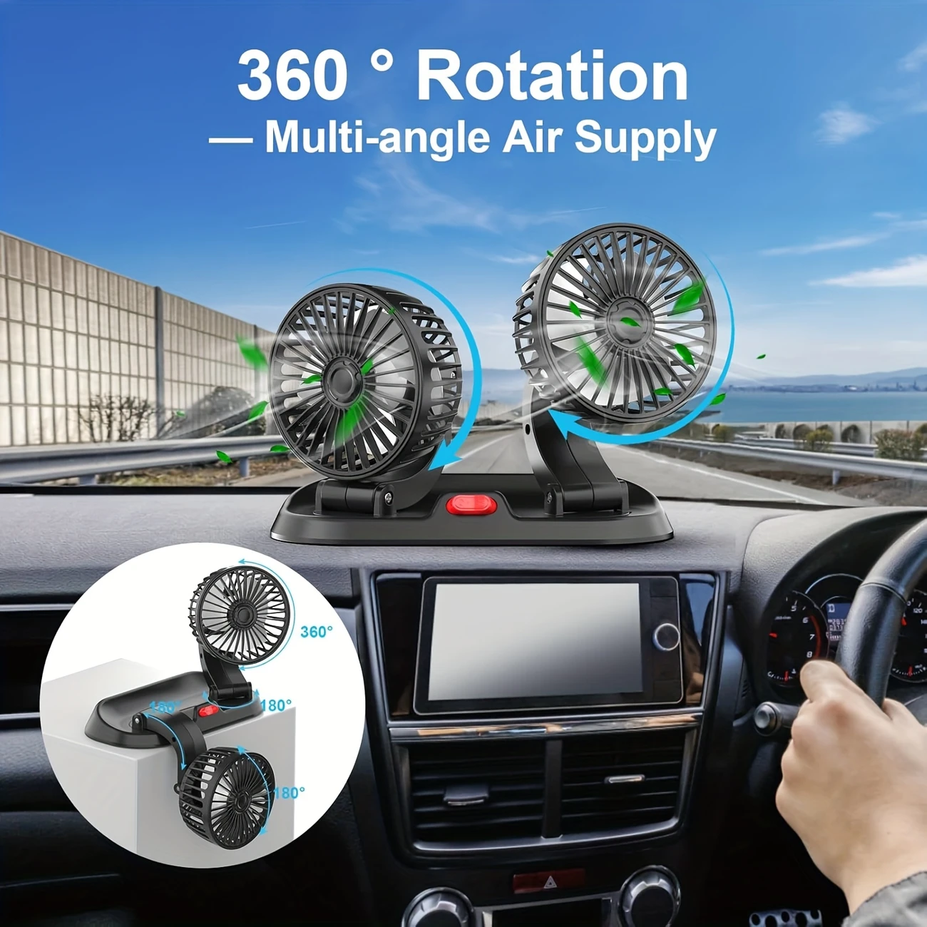 Universal Dual Head Car Fan – 12V Mini Electric 360 Rotatable Cooling Fan