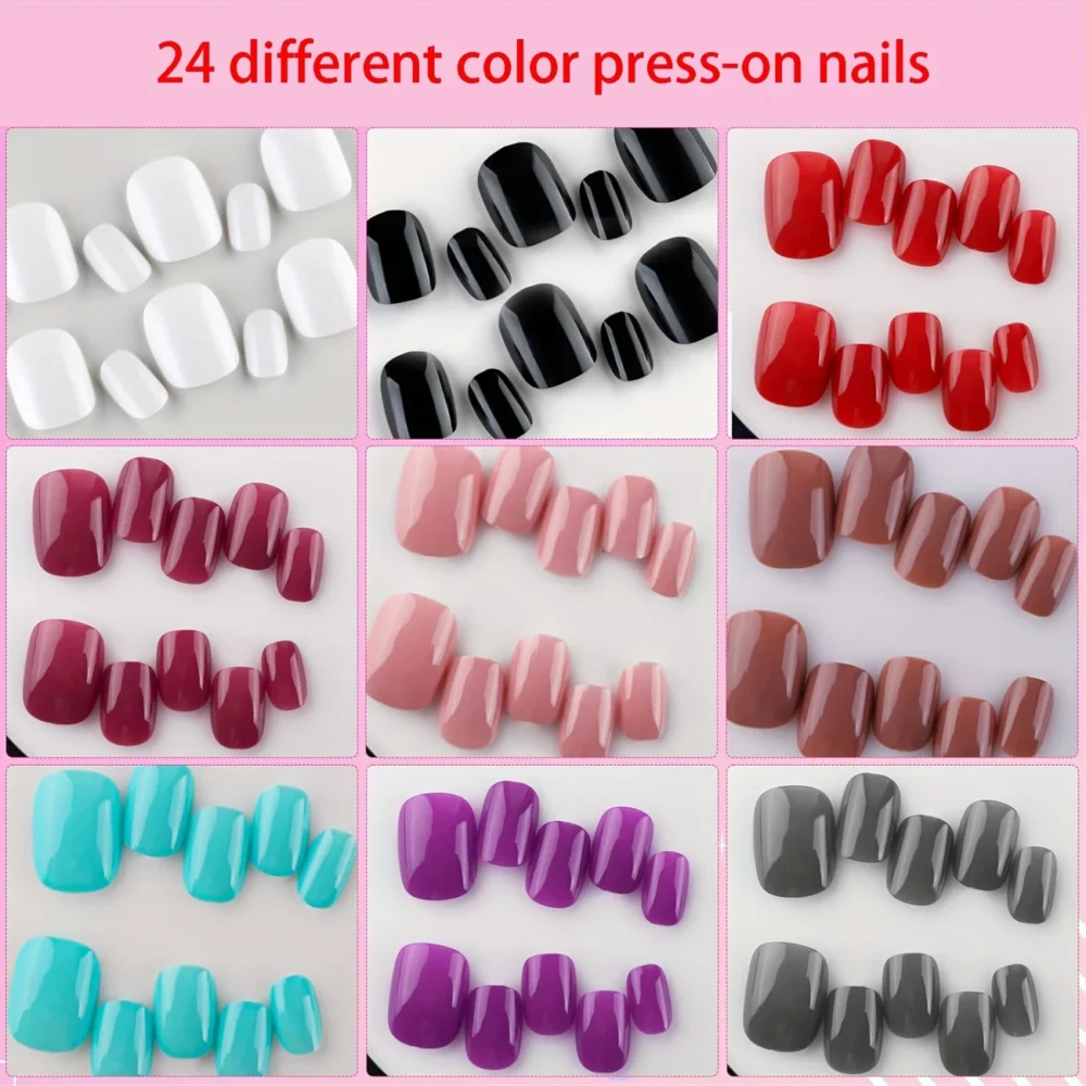 Nails Set, 24 Colors, Glossy Acrylic False Nails, Full Cover, Square Shape, Mixed Colors, Solid Pattern. - Image 4
