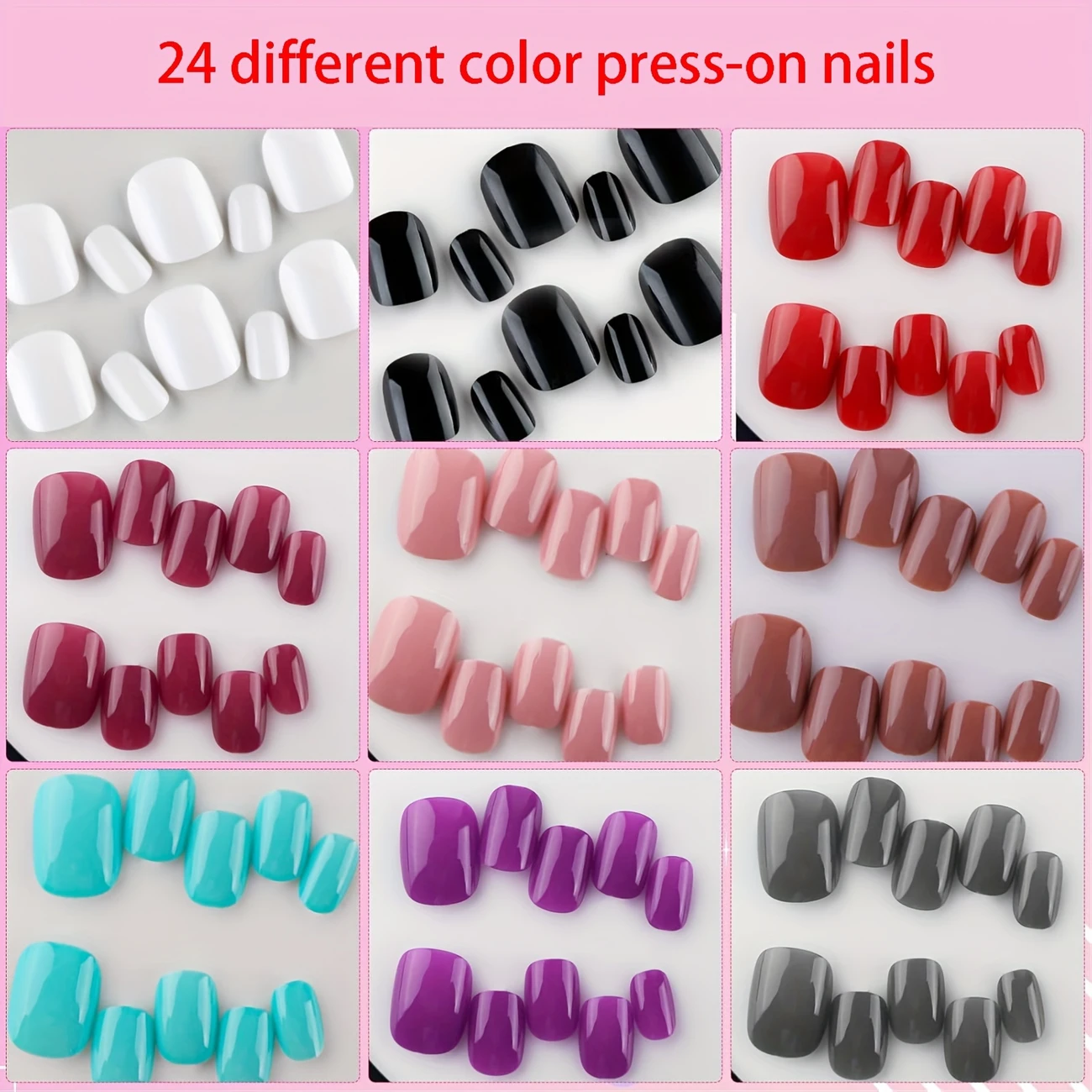 Nails Set, 24 Colors, Glossy Acrylic False Nails, Full Cover, Square Shape, Mixed Colors, Solid Pattern. - Image 4