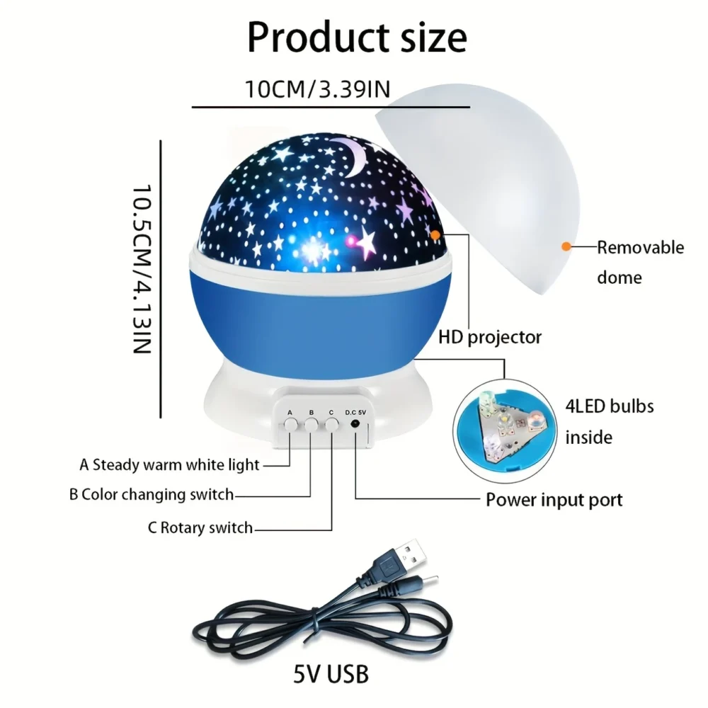 3D Rotating Star and Moon Projector Night Light, USB Powered Sky and Moon Lamp - Image 6