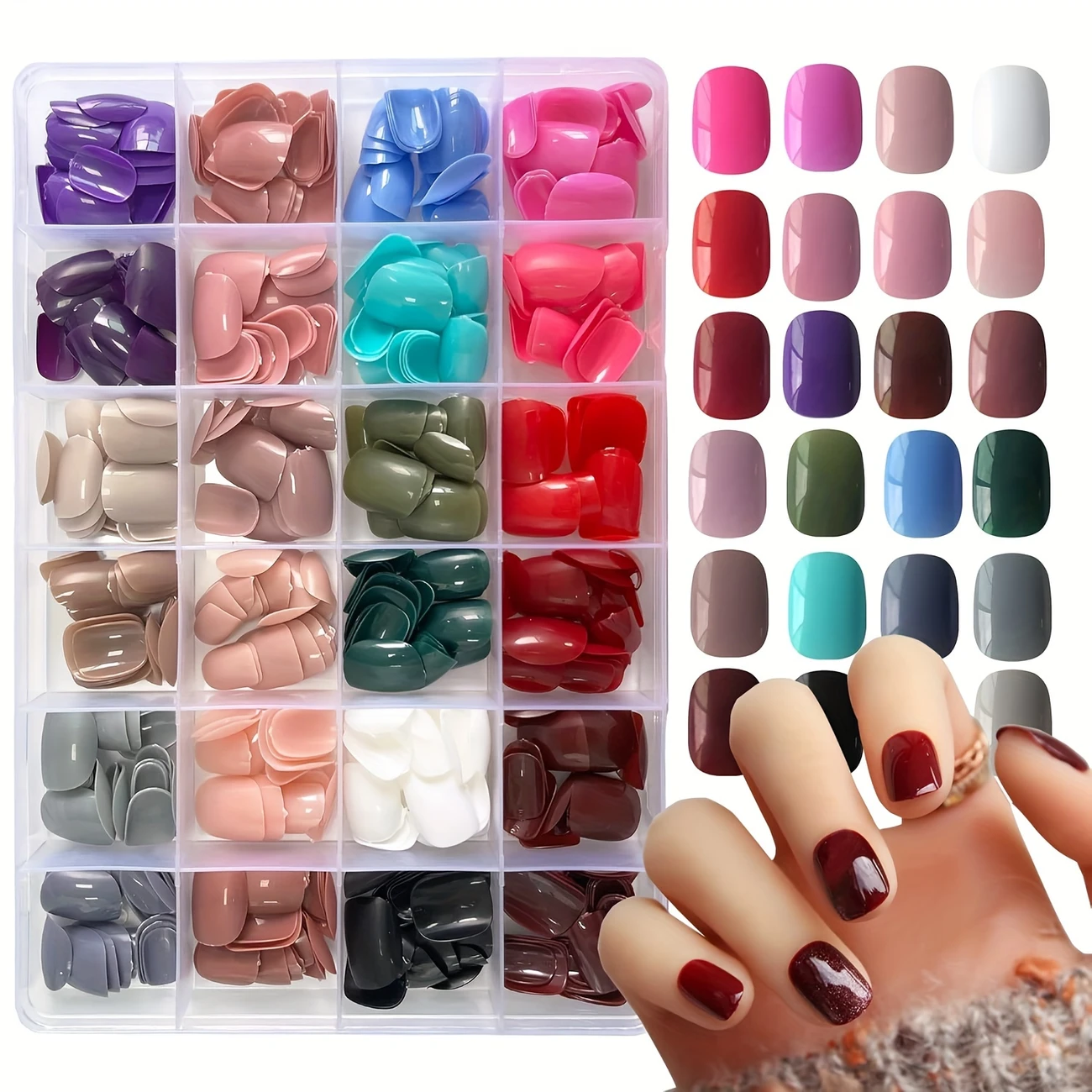 Nails Set, 24 Colors, Glossy Acrylic False Nails, Full Cover, Square Shape, Mixed Colors, Solid Pattern. - Image 5